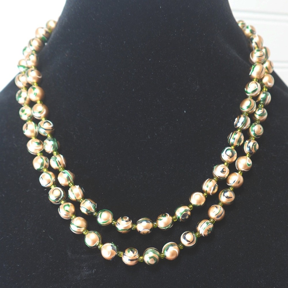 Vintage Japanese Necklace Enamel Paint Beads Multi-Strand Gold Green Midcentury